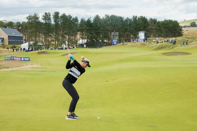 Ryann O'Toole hits her second shot at the 18th hole in the final round at Dumbarnie Links. Picture: Tristan Jones