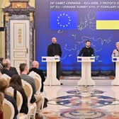 Ukrainian president Volodymyr Zelensky (centre), European Council president Charles Michel (left) and President of the European Commission Ursula von der Leyen (right) give a joint press conference during an EU-Ukraine summit in Kyiv. Picture: Sergei SupinskyAFP via Getty Images