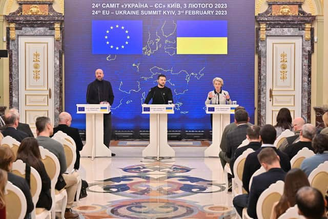 Ukrainian president Volodymyr Zelensky (centre), European Council president Charles Michel (left) and President of the European Commission Ursula von der Leyen (right) give a joint press conference during an EU-Ukraine summit in Kyiv. Picture: Sergei SupinskyAFP via Getty Images