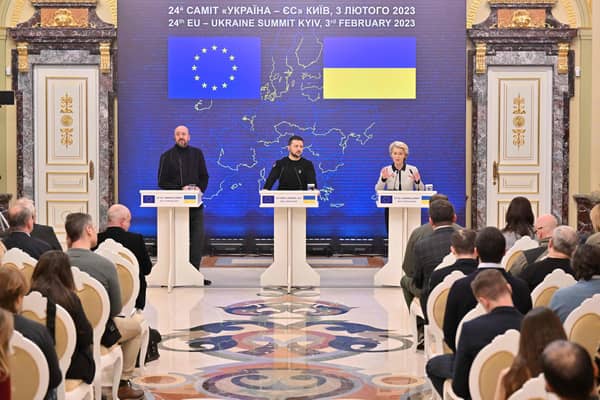 Ukrainian president Volodymyr Zelensky (centre), European Council president Charles Michel (left) and President of the European Commission Ursula von der Leyen (right) give a joint press conference during an EU-Ukraine summit in Kyiv. Picture: Sergei SupinskyAFP via Getty Images
