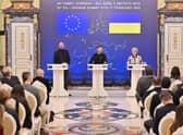 Ukrainian president Volodymyr Zelensky (centre), European Council president Charles Michel (left) and President of the European Commission Ursula von der Leyen (right) give a joint press conference during an EU-Ukraine summit in Kyiv. Picture: Sergei SupinskyAFP via Getty Images