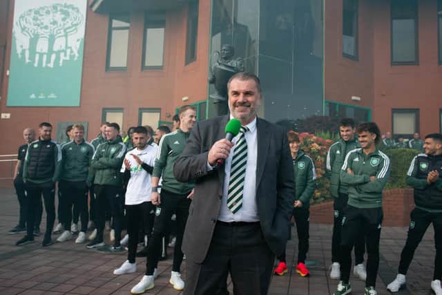 Celtic manager Ange Postecoglou addresses a huge crowd that gathered at the club's stadium to celebrate the title success and his appetite for staying around in Glasgow in the long-term won't be harmed by becoming a quasi-religious footballing guru to the club's masses. (Photo by Ewan Bootman / SNS Group)