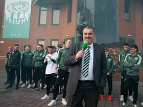 Celtic manager Ange Postecoglou addresses a huge crowd that gathered at the club's stadium to celebrate the title success and his appetite for staying around in Glasgow in the long-term won't be harmed by becoming a quasi-religious footballing guru to the club's masses. (Photo by Ewan Bootman / SNS Group)