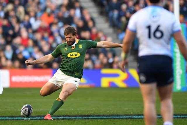 South Africa's Frans Steyn kicks one of South Africa's six successful penalties during the 30-15 win over Scotland in the autumn. (Photo by ANDY BUCHANAN/AFP via Getty Images)