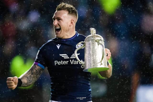 Scotland's Stuart Hogg with the Calcutta Cup after winning their first Guinness Six Nations match against England at Murrayfield (Photo by Ross Parker / SNS Group)