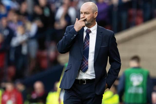 GLASGOW, SCOTLAND - JUNE 01: Scotland manager Steve Clarke looking dejected during a FIFA World Cup Play-Off Semi Final between Scotland and Ukraine at Hampden Park, on June 01, 2022, in Glasgow, Scotland. (Photo by Alan Harvey / SNS Group)