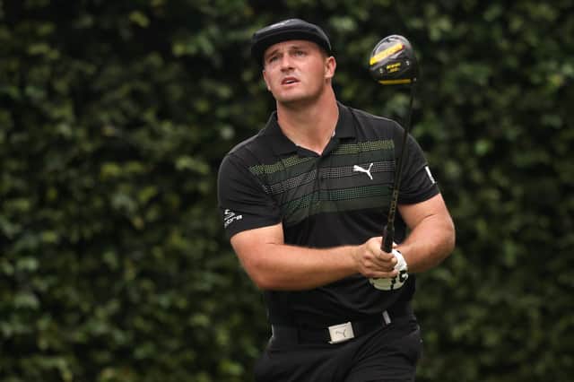 Bryson DeChambeau hits his tee shot on the second hole during the first round of the Masters at Augusta National Golf. Picture: Rob Carr/Getty Images