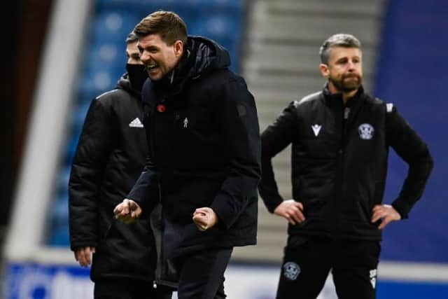 Rangers manager Steven Gerrard celebrates his team's second goal in their 3-1 Premiership victory against Motherwell at Ibrox. (Photo by Rob Casey / SNS Group)