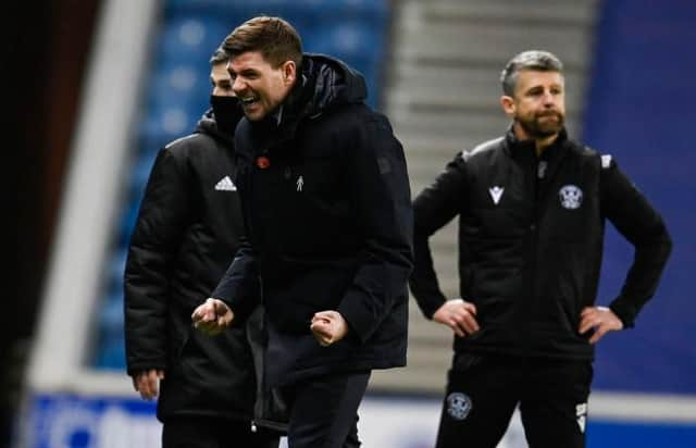 Rangers manager Steven Gerrard celebrates his team's second goal in their 3-1 Premiership victory against Motherwell at Ibrox. (Photo by Rob Casey / SNS Group)