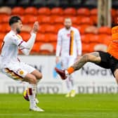 Dundee United striker Tony Watt's challenge on Motherwell's Sean Goss that earned a red card following a VAR check. (Photo by Simon Wootton / SNS Group)
