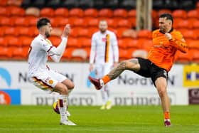 Dundee United striker Tony Watt's challenge on Motherwell's Sean Goss that earned a red card following a VAR check. (Photo by Simon Wootton / SNS Group)