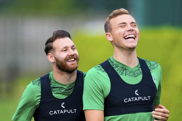 Hibernian's Martin Boyle (left) with Ryan Porteous during a training session at the Hibernian Training Centre