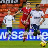 Aberdeen's Ryan Hedges (left) catches Rangers striker Alfredo Morelos and is sent off (Photo by Craig Williamson / SNS Group)