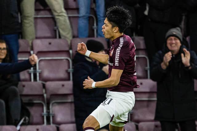 Hearts' Yutaro Oda celebrates as he scores to make it 3-2 over Dundee at Tynecastle Park. (Photo by Mark Scates / SNS Group)