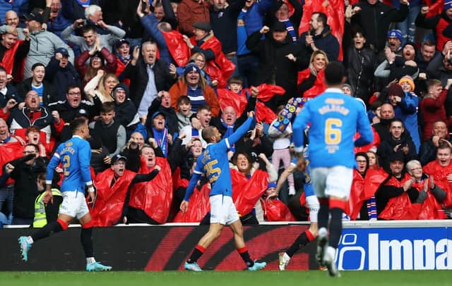Kemar Roofe celebrates after scoring Rangers' winner against Aberdeen.  (Photo by Craig Williamson / SNS Group)