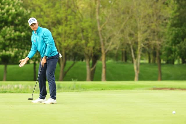 Calum Hill reacts after missing a chance at the 18th to make it four birdies in a row to finish in the third round of the Betfred British Masters hosted by Danny Willett at The Belfry. Picture: Andrew Redington/Getty Images.