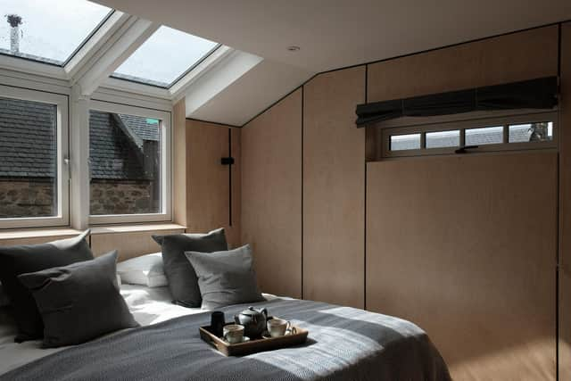 The plywood lined bedroom at Ballintaggart Farmhouse