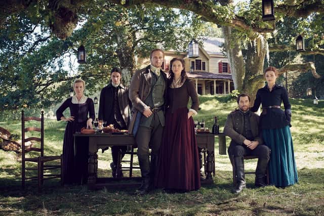 Lauren Lyle as Marsali, Cesar Domboy as Fergus, Sam Heughan as Jamie Fraser, Caitriona Balfe as Claire Randall, Richard Rankin as Roger Wakefield and Sophie Skelton as Brianna Randall Fraser in 'Outlander', 2020. Pic: Starz!/Kobal/Shutterstock