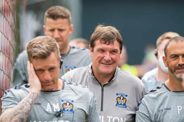 Kilmarnock manager Tommy Wright (centre) was a happy man at East Kilbride on Saturday afternoon. (Photo by Mark Scates / SNS Group)