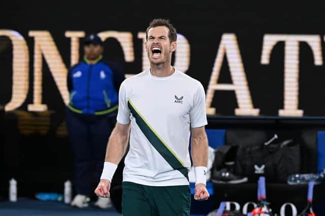 Andy Murray celebrates victory against Australia's Thanasi Kokkinakis after a five-set epic at the Australian Open. Picture: William West/AFP via Getty Images.