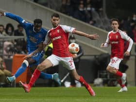Fashion Sakala battles with Vitor Tormena during the first leg of Braga v Rangers.