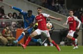 Fashion Sakala battles with Vitor Tormena during the first leg of Braga v Rangers.