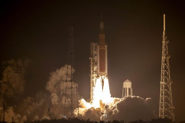 Nasa's Artemis I Space Launch System rocket, with the Orion capsule attached, launches on November 16 at Cape Canaveral, Florida.