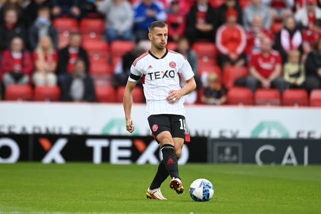 Aberdeen debutant Ylber Ramadani in action during the 2-0 win over Dumbarton at Pittodrie. (Photo by Paul Devlin / SNS Group)