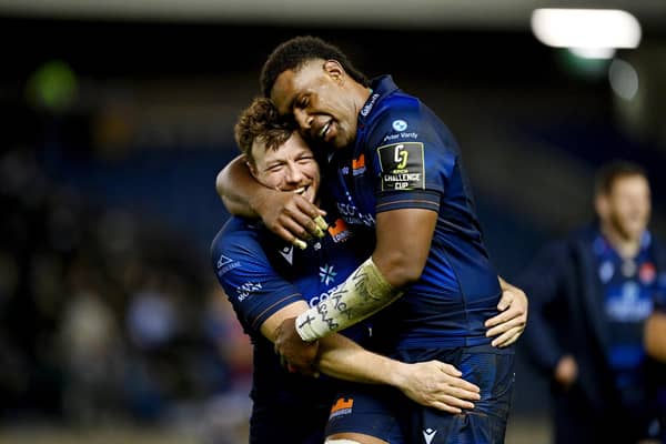 Hamish Watson and Viliame Mata of Edinburgh Rugby celebrate following the team's victory over Bayonne.