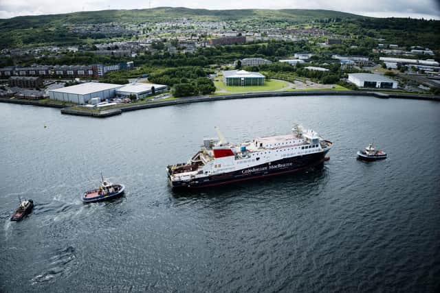 Glen Sannox en route from Port Glasgow to Greenock. Picture: Steve McIntosh Drone Services