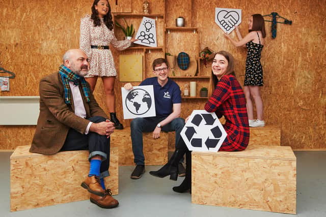Yes boss Geoff Leask (left) with students from Stirling High School company Timescape. Picture: Malcolm Cochrane.