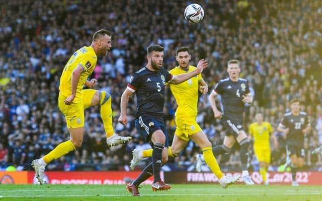 Ukraine's Andriy Yarmolenko scores to make it 1-0 during a FIFA World Cup Play-Off Semi Final between Scotland and Ukraine at Hampden Park, on June 01, 2022, in Glasgow, Scotland. (Photo by Craig Foy / SNS Group)