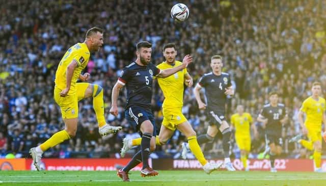 Ukraine's Andriy Yarmolenko scores to make it 1-0 during a FIFA World Cup Play-Off Semi Final between Scotland and Ukraine at Hampden Park, on June  01, 2022, in Glasgow, Scotland. (Photo by Craig Foy / SNS Group)