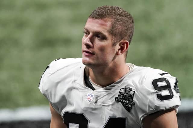 Las Vegas Raiders defensive end Carl Nassib has become the first active NFL player to come out as gay. Picture: John Bazemore/AP