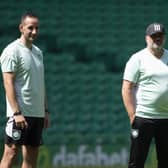 John Kennedy (L) and Ange Postecoglou during a Celtic training session.