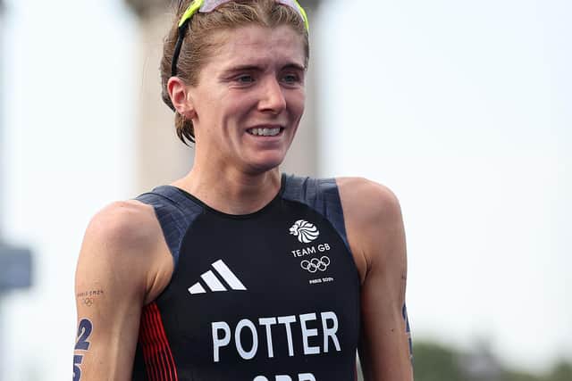 Beth Potter reacts after winning bronze in the Women's Individual Triathlon on day five of the Paris Olympics. (Photo by Michael Steele/Getty Images)