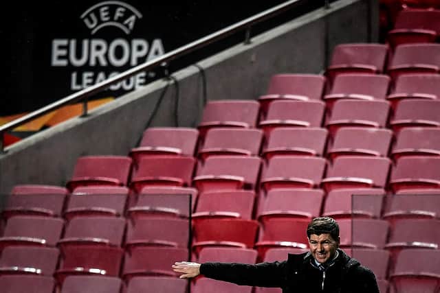 Steven Gerrard left frustrated in Lisbon on Thursday as Rangers let a 3-1 lead slip to draw 3-3 with 10-man Benfica in Group D of the Europa League. (Photo by PATRICIA DE MELO MOREIRA/AFP via Getty Images)