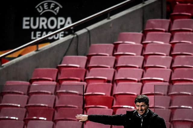Steven Gerrard left frustrated in Lisbon on Thursday as Rangers let a 3-1 lead slip to draw 3-3 with 10-man Benfica in Group D of the Europa League. (Photo by PATRICIA DE MELO MOREIRA/AFP via Getty Images)