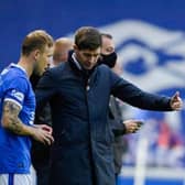 Rangers manager Steven Gerrard (centre) talks to Scott Arfield and Cedric Itten as they prepare to come on as a substitute during a Scottish Premiership match between Rangers and Livingston at Ibrox Stadium, on October 25, 2020, in Glasgow, Scotland. (Photo by Rob Casey / SNS Group)