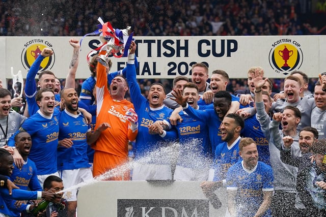 Rangers' James Tavernier lifts the Scottish Cup during the Scottish Cup final at Hampden Park, Glasgow. Picture date: Saturday May 21, 2022.