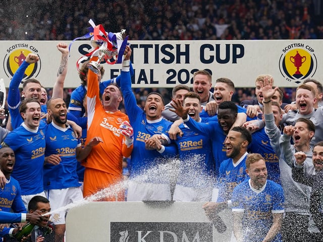 Rangers' James Tavernier lifts the Scottish Cup during the Scottish Cup final at Hampden Park, Glasgow. Picture date: Saturday May 21, 2022.