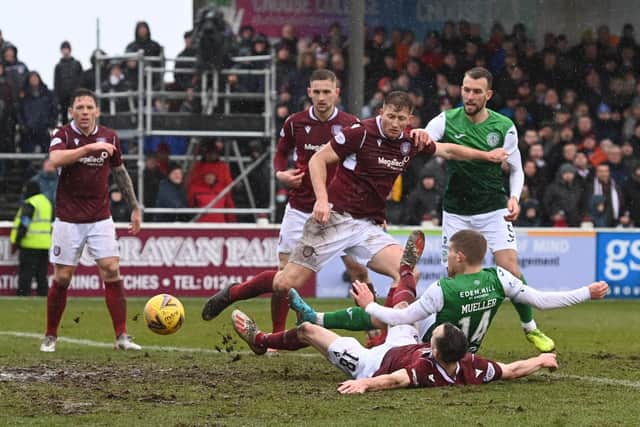 Chris Mueller nets Hibs' third goal to seal victory over Arbroath.