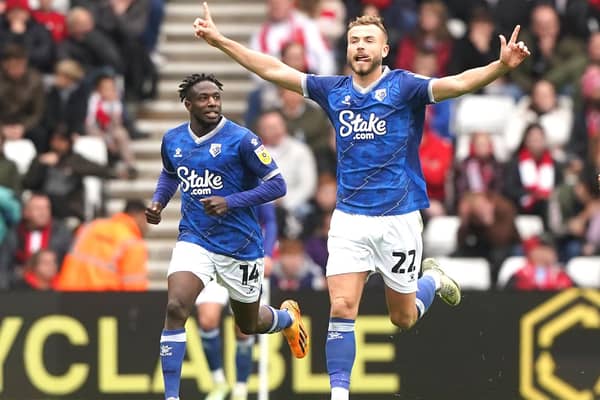 Ryan Porteous celebrates scoring for Watford during a Championship match against Sunderland at the Stadium of Light in April.