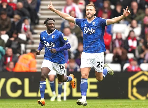 Ryan Porteous celebrates scoring for Watford during a Championship match against Sunderland at the Stadium of Light in April.