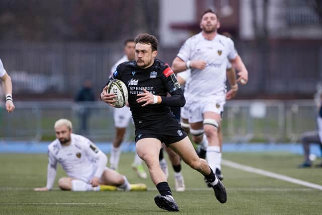 Glasgow Warriors wing Cole Forbes runs through to score a second half try in the 73-33 win over the Dragons in the Challenge Cup last 16. (Photo by Craig Williamson / SNS Group)