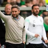 Hibs manager Lee Johnson gives his squad the thumbs up during the 3-1 win over Aberdeen.  (Photo by Mark Scates / SNS Group)