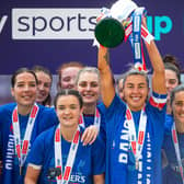 Rangers' Nicola Docherty lifts the Sky Sports Cup after a 4-1 win over Partick Thistle at Tynecastle Park. (Photo by Ewan Bootman / SNS Group)