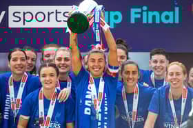 Rangers' Nicola Docherty lifts the Sky Sports Cup after a 4-1 win over Partick Thistle at Tynecastle Park. (Photo by Ewan Bootman / SNS Group)