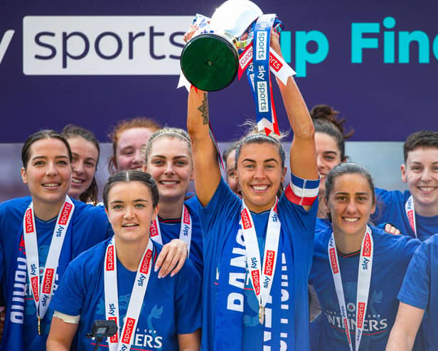 Rangers' Nicola Docherty lifts the Sky Sports Cup after a 4-1 win over Partick Thistle at Tynecastle Park. (Photo by Ewan Bootman / SNS Group)