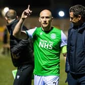 Hibernian's David Gray with manager Jack Ross at full time of Betfred Cup win over Forfar at Station Park on October 13, 2020. (Photo by Ross Parker / SNS Group)